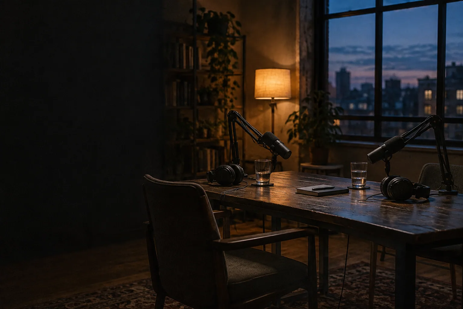 An empty podcast studio at dusk, two microphones facing each other across a table.